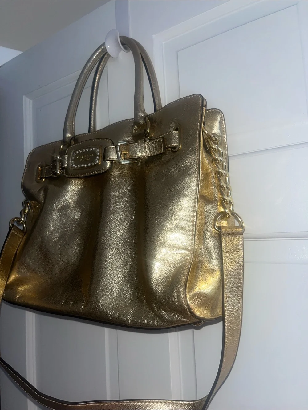 Michael Kors Metallic Gold Leather Tote with Chain-Detail Strap